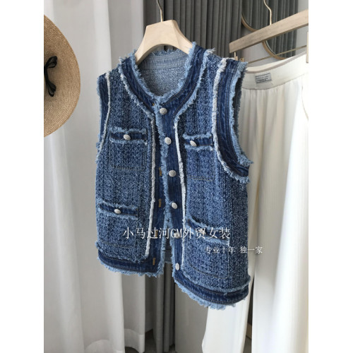 巨美！超精緻！輕奢重工款~個性復古小香風鉤花毛邊牛仔馬甲女秋