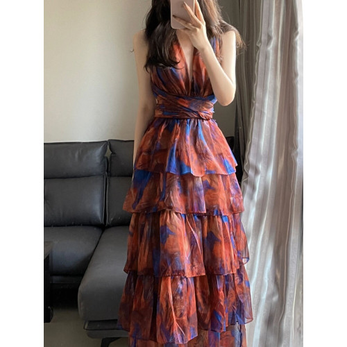 三亞旅遊穿搭女超仙拍照掛脖裙沙灘裙海邊度假連衣裙波西米亞長裙