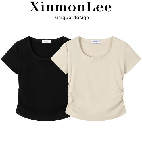 XinmonLee氣質辣妹抽褶收腰顯瘦短款上衣夏季正肩休閒短袖T恤女