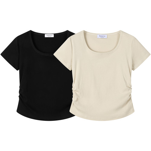 XinmonLee氣質辣妹抽褶收腰顯瘦短款上衣夏季正肩休閒短袖T恤女