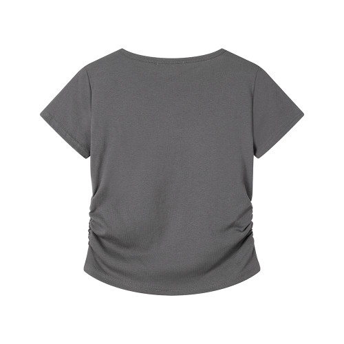 XinmonLee氣質辣妹抽褶收腰顯瘦短款上衣夏季正肩休閒短袖T恤女