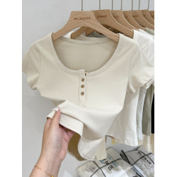 杏色純棉u領正肩短袖t恤女夏季2025新款純色修身短款上衣半袖體恤