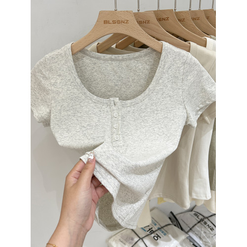 杏色純棉u領正肩短袖t恤女夏季2025新款純色修身短款上衣半袖體恤 杏色純棉u領正肩短袖t恤女夏季2025新款純色修身短款上衣半袖體恤