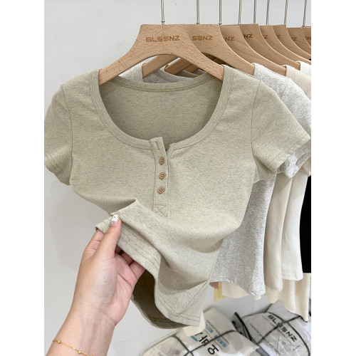 杏色純棉u領正肩短袖t恤女夏季2025新款純色修身短款上衣半袖體恤 杏色純棉u領正肩短袖t恤女夏季2025新款純色修身短款上衣半袖體恤