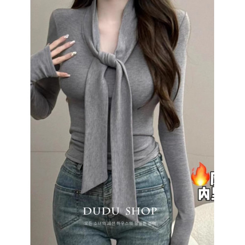 美式長袖t恤女春秋小個子黑色內搭打底衫飄帶修身短款上衣設計感 美式長袖t恤女春秋小個子黑色內搭打底衫飄帶修身短款上衣設計感