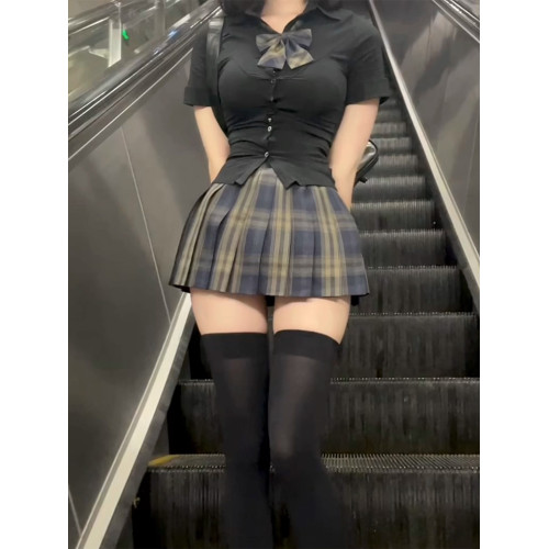 狗短36CM格裙JK製服日系學院風收腰襯衫高腰半身裙百褶裙套裝女夏 狗短36CM格裙JK製服日系學院風收腰襯衫高腰半身裙百褶裙套裝女夏