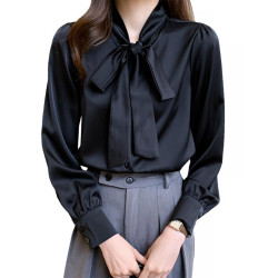 蝴蝶結系帶襯衫女2025秋季新款雪紡長袖寬松垂感上衣緞面氣質襯衣