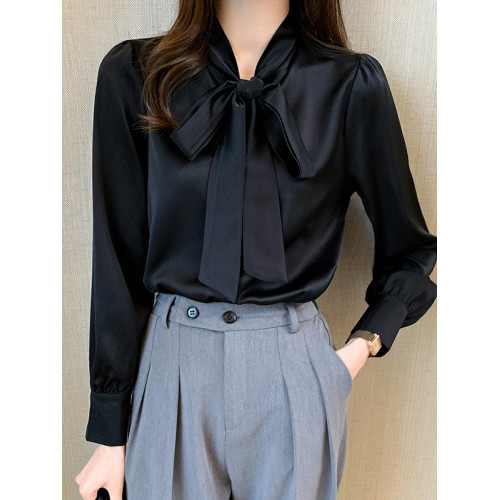 蝴蝶結系帶襯衫女2025秋季新款雪紡長袖寬松垂感上衣緞面氣質襯衣