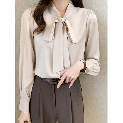 蝴蝶結系帶襯衫女2025秋季新款雪紡長袖寬松垂感上衣緞面氣質襯衣
