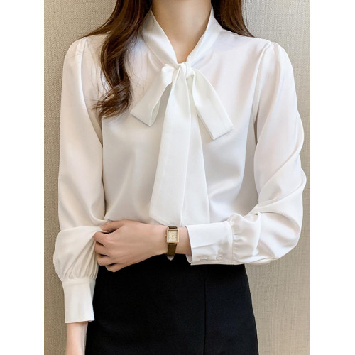 蝴蝶結系帶襯衫女2025秋季新款雪紡長袖寬松垂感上衣緞面氣質襯衣