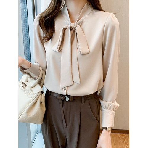 蝴蝶結系帶襯衫女2025秋季新款雪紡長袖寬松垂感上衣緞面氣質襯衣