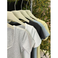 時尚純棉正肩t恤女夏季新款歐貨小衆設計感方領短款修身短袖上衣