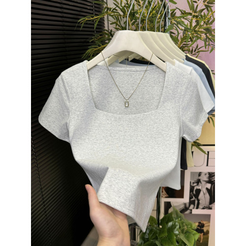 時尚純棉正肩t恤女夏季新款歐貨小衆設計感方領短款修身短袖上衣 時尚純棉正肩t恤女夏季新款歐貨小衆設計感方領短款修身短袖上衣