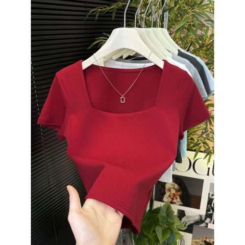 時尚純棉正肩t恤女夏季新款歐貨小衆設計感方領短款修身短袖上衣 時尚純棉正肩t恤女夏季新款歐貨小衆設計感方領短款修身短袖上衣