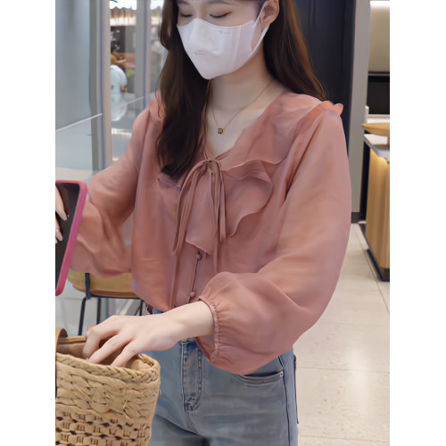 【大臉哈】法式溫柔減齡襯衫女2025新款V領設計感荷葉邊氣質上衣