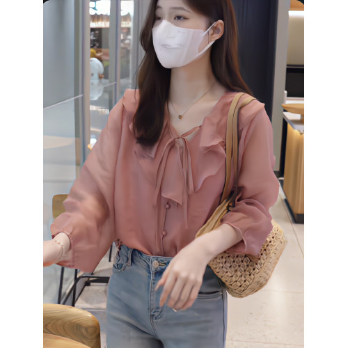 【大臉哈】法式溫柔減齡襯衫女2025新款V領設計感荷葉邊氣質上衣