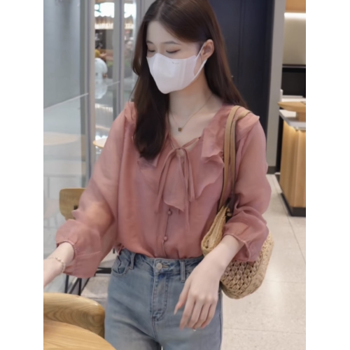 【大臉哈】法式溫柔減齡襯衫女2026新款V領設計感荷葉邊氣質上衣