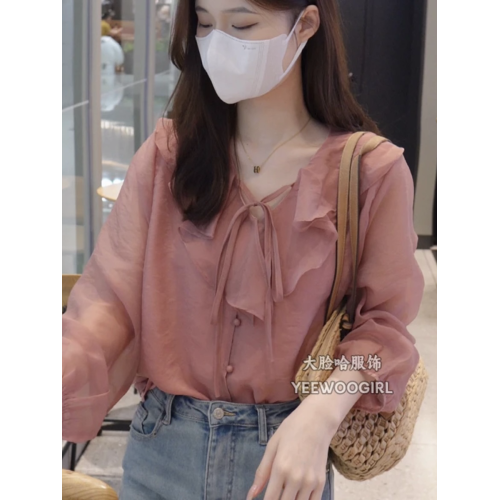 【大臉哈】法式溫柔減齡襯衫女2025新款V領設計感荷葉邊氣質上衣