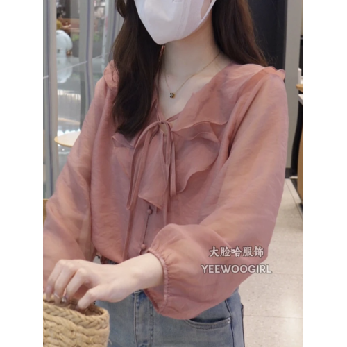 【大臉哈】法式溫柔減齡襯衫女2025新款V領設計感荷葉邊氣質上衣