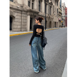 ousph黑色方領針織打底衫女秋秋款露背設計感修身顯瘦長袖T恤上衣