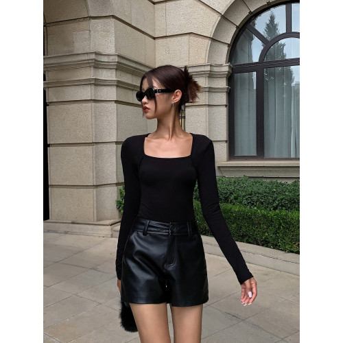 ousph黑色方領針織打底衫女秋秋款露背設計感修身顯瘦長袖T恤上衣