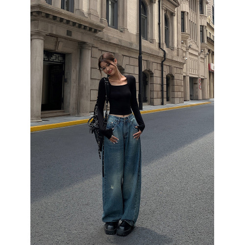 ousph黑色方領針織打底衫女秋秋款露背設計感修身顯瘦長袖T恤上衣