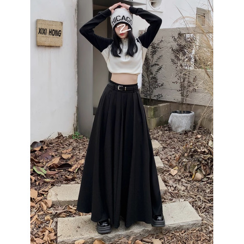 高個子到腳踝西裝半身長裙女秋季大碼胖mm超長款帶口袋a字百褶裙