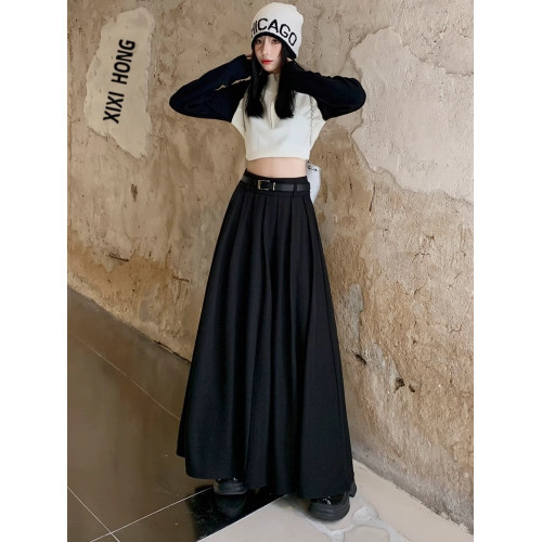 高個子到腳踝西裝半身長裙女秋季大碼胖mm超長款帶口袋a字百褶裙