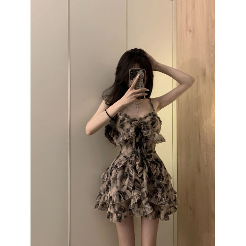 溫柔風水墨碎花吊帶連衣裙子女收腰氣質性感純欲辣妹a字短裙夏季