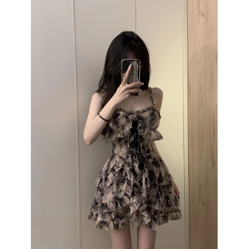 溫柔風水墨碎花吊帶連衣裙子女收腰氣質性感純欲辣妹a字短裙夏季