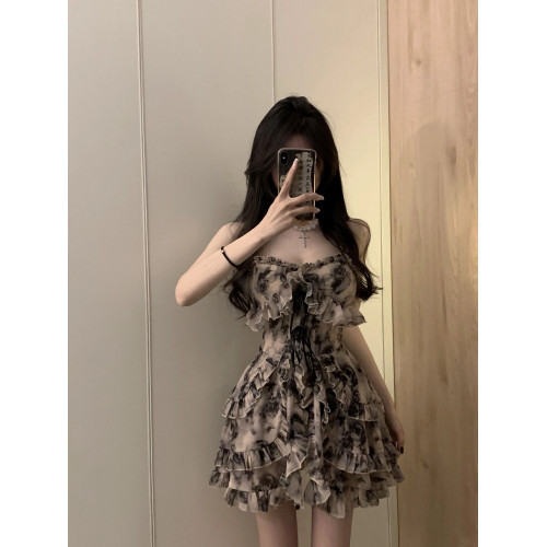 溫柔風水墨碎花吊帶連衣裙子女收腰氣質性感純欲辣妹a字短裙夏季