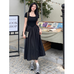 大碼韓版赫本風方領短袖拼接連衣裙女夏季收腰顯瘦氣質減齡長裙子