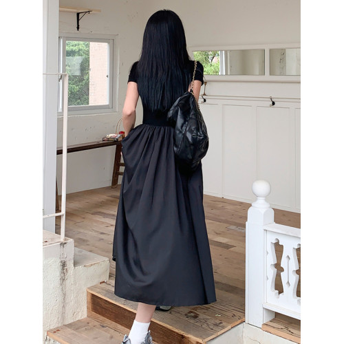 大碼韓版赫本風方領短袖拼接連衣裙女夏季收腰顯瘦氣質減齡長裙子