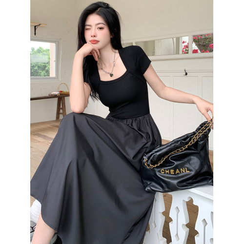 大碼韓版赫本風方領短袖拼接連衣裙女夏季收腰顯瘦氣質減齡長裙子