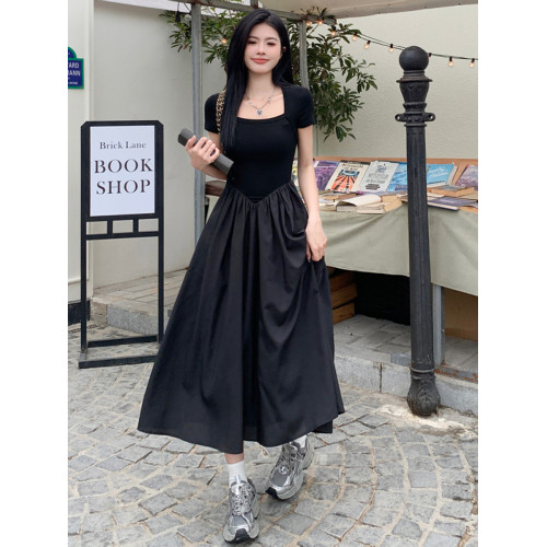 大碼韓版赫本風方領短袖拼接連衣裙女夏季收腰顯瘦氣質減齡長裙子