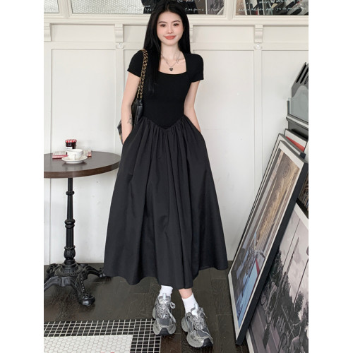 大碼韓版赫本風方領短袖拼接連衣裙女夏季收腰顯瘦氣質減齡長裙子