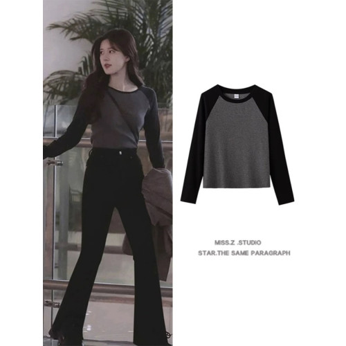 大碼胖妹妹美式拼接t恤女打底衫春秋新款撞色復古長袖設計感上衣