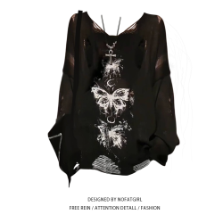 大碼胖妹妹辣妹復古蝴蝶破洞V領針織衫秋季新款慵懶長袖防曬罩衫