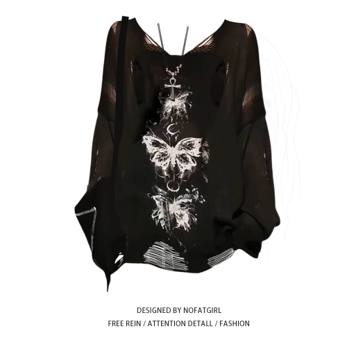 大碼胖妹妹辣妹復古蝴蝶破洞V領針織衫秋季新款慵懶長袖防曬罩衫