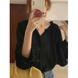 法式黑色雪紡襯衫女褶皺肌理感夏季花邊娃娃領通勤上衣長袖襯衣