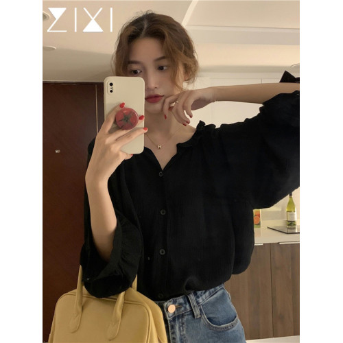 法式黑色雪紡襯衫女褶皺肌理感夏季花邊娃娃領通勤上衣長袖襯衣