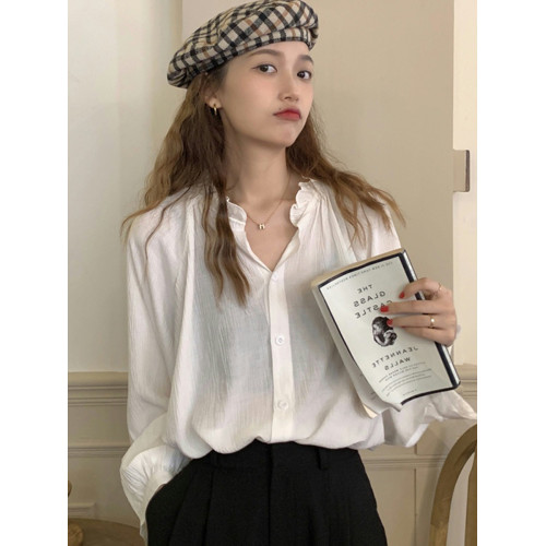 法式黑色雪紡襯衫女褶皺肌理感夏季花邊娃娃領通勤上衣長袖襯衣