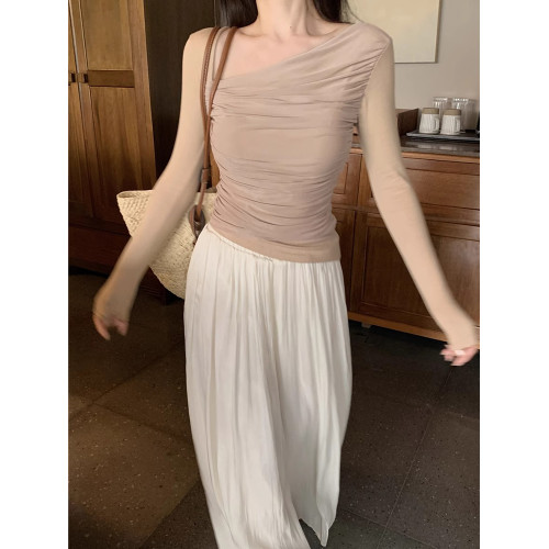 斜領長袖短款正肩t恤女春秋款修身打底衫設計感不規則超好看上衣