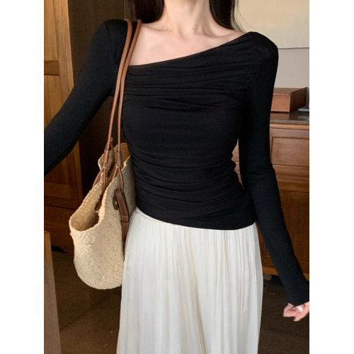 斜領長袖短款正肩t恤女春秋款修身打底衫設計感不規則超好看上衣