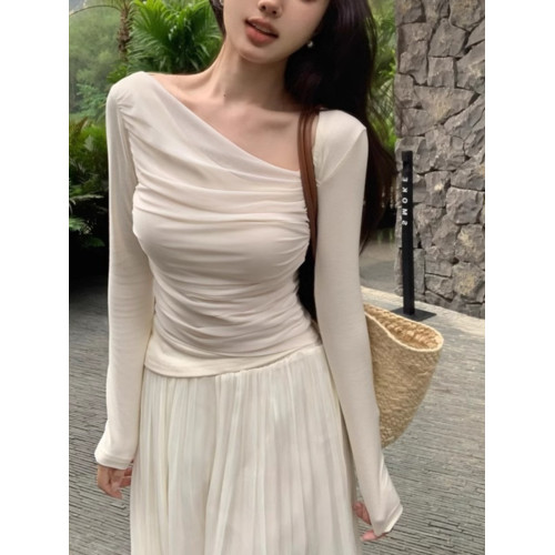 斜領長袖短款正肩t恤女春秋款修身打底衫設計感不規則超好看上衣