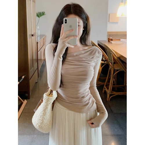 斜領長袖短款正肩t恤女春秋款修身打底衫設計感不規則超好看上衣