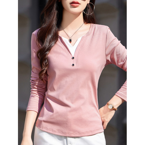 V領拼色正肩長袖t恤女裝秋裝2025新款紐釦拼接百搭上衣內搭打底衫