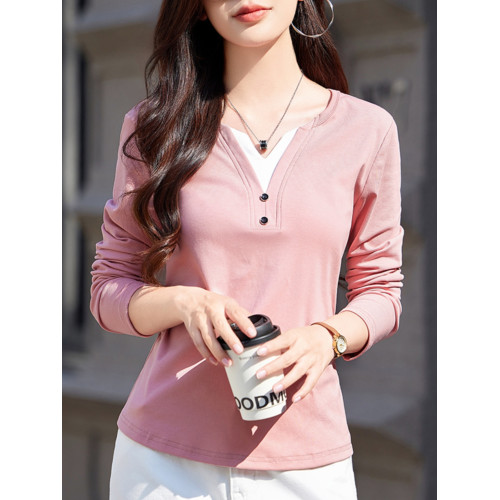 V領拼色正肩長袖t恤女裝秋裝2025新款紐釦拼接百搭上衣內搭打底衫