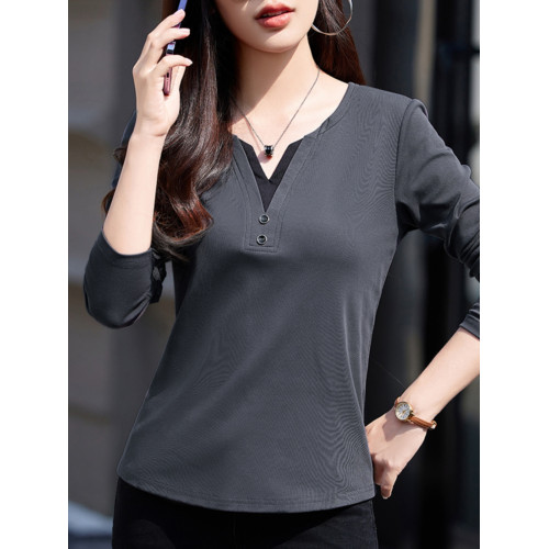 V領拼色正肩長袖t恤女裝秋裝2025新款紐釦拼接百搭上衣內搭打底衫