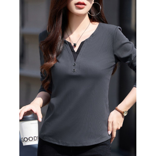 V領拼色正肩長袖t恤女裝秋裝2025新款紐釦拼接百搭上衣內搭打底衫